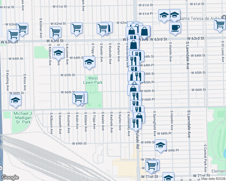 map of restaurants, bars, coffee shops, grocery stores, and more near 6559 South Kedvale Avenue in Chicago