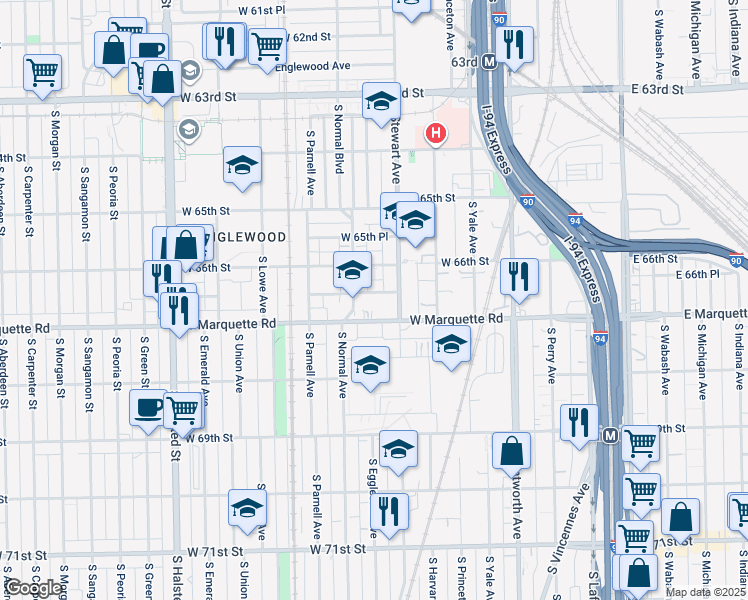 map of restaurants, bars, coffee shops, grocery stores, and more near 423 West 66th Street in Chicago