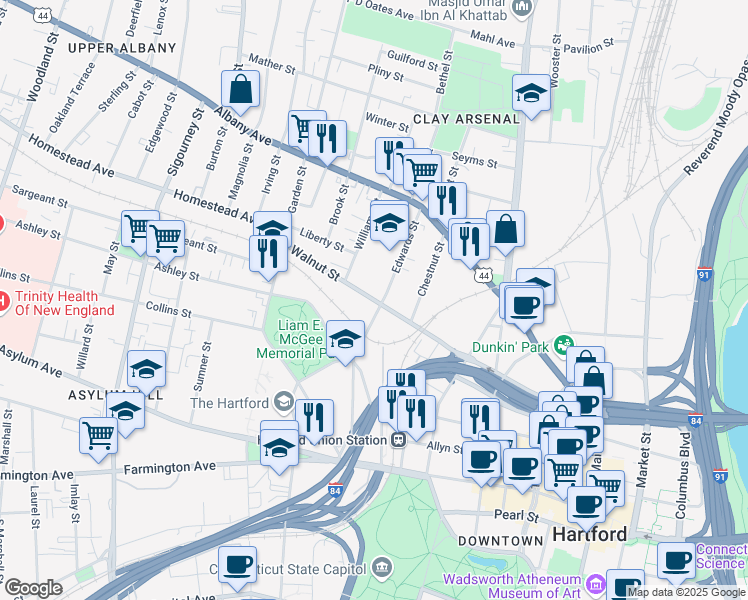 map of restaurants, bars, coffee shops, grocery stores, and more near Walnut Street in Hartford