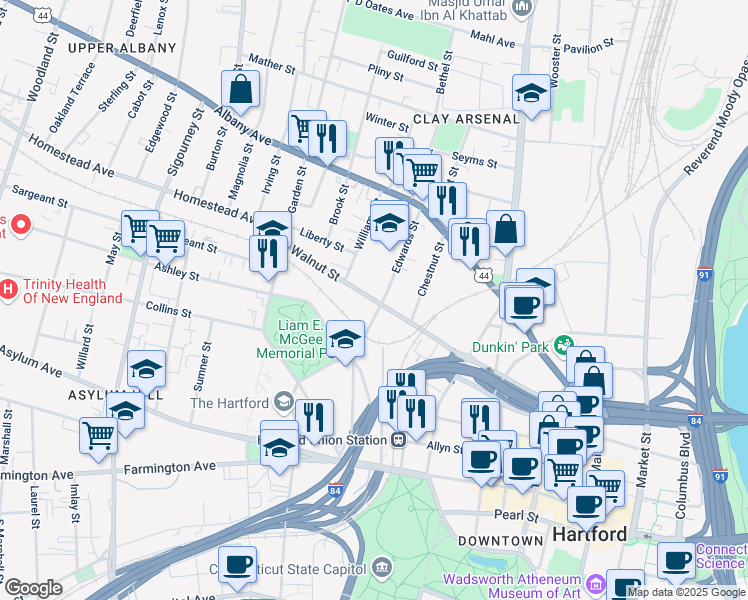 map of restaurants, bars, coffee shops, grocery stores, and more near Walnut Street in Hartford
