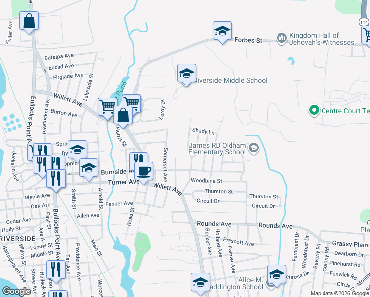 map of restaurants, bars, coffee shops, grocery stores, and more near 42 Meadowcrest Drive in East Providence