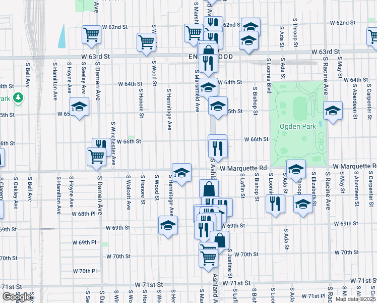 map of restaurants, bars, coffee shops, grocery stores, and more near 6611 South Paulina Street in Chicago