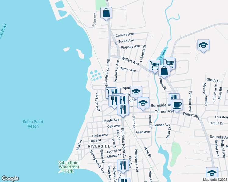 map of restaurants, bars, coffee shops, grocery stores, and more near 3663 Pawtucket Avenue in East Providence