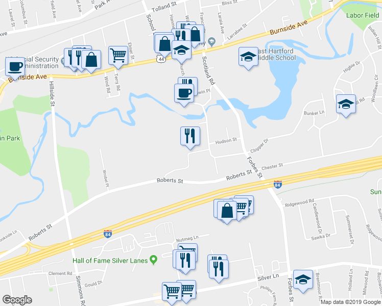 map of restaurants, bars, coffee shops, grocery stores, and more near 30 Old Roberts Street in East Hartford
