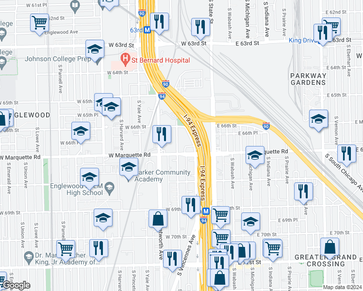 map of restaurants, bars, coffee shops, grocery stores, and more near 6643 South Perry Avenue in Chicago