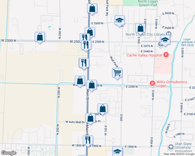 map of restaurants, bars, coffee shops, grocery stores, and more near 23-165 East 2200 North in North Logan