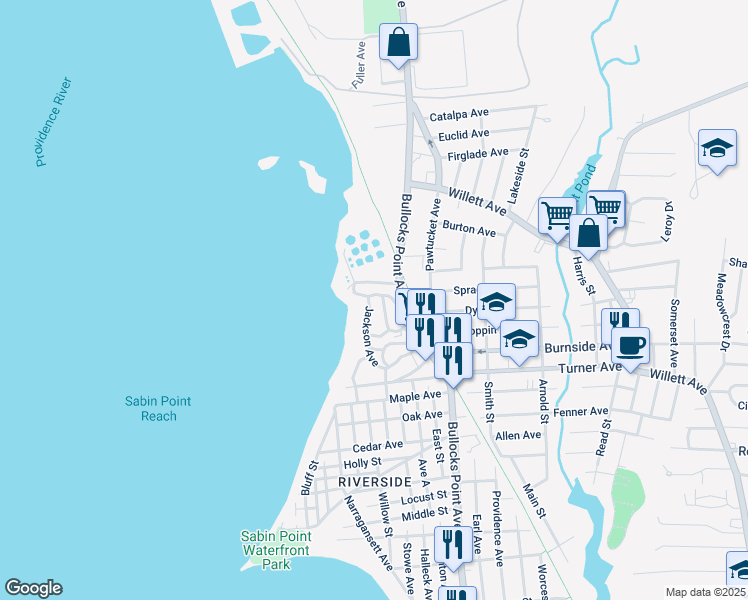 map of restaurants, bars, coffee shops, grocery stores, and more near 55 Washington Avenue in East Providence