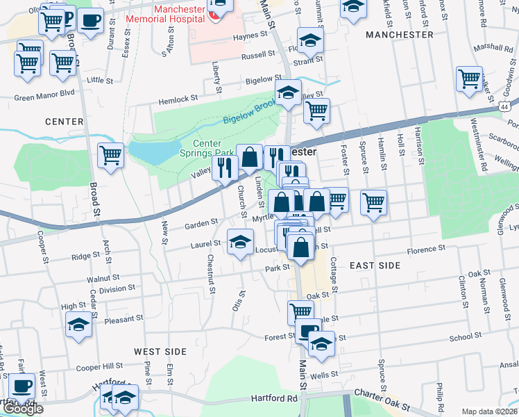 map of restaurants, bars, coffee shops, grocery stores, and more near 11 Chestnut Street in Manchester