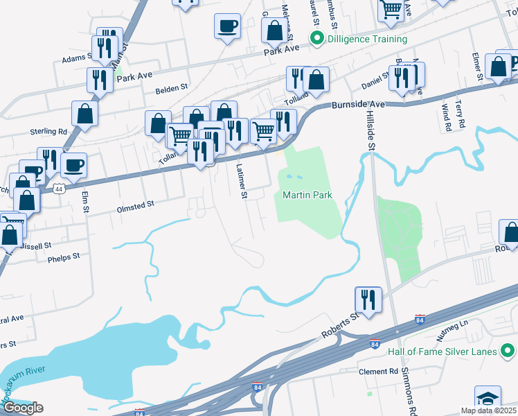 map of restaurants, bars, coffee shops, grocery stores, and more near 2 Turtle Creek Lane in East Hartford