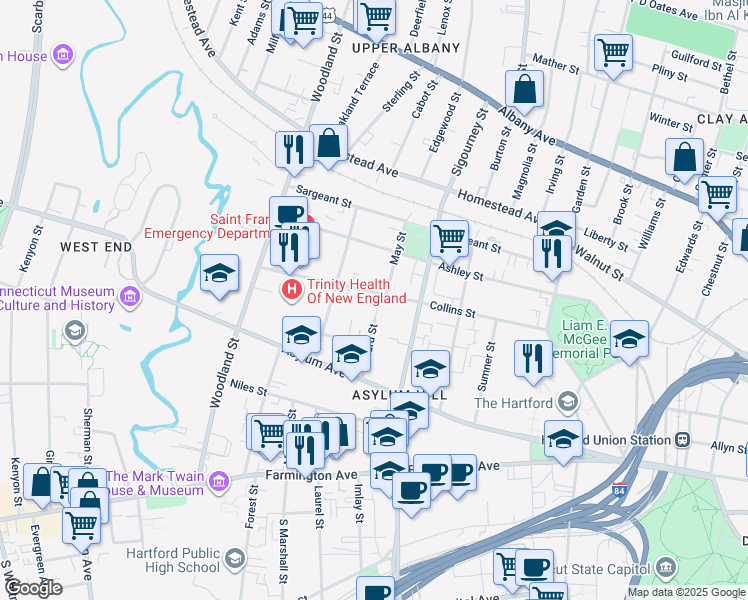 map of restaurants, bars, coffee shops, grocery stores, and more near 273 Collins Street in Hartford