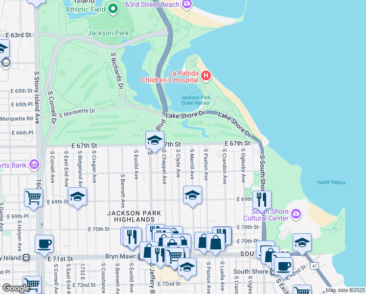 map of restaurants, bars, coffee shops, grocery stores, and more near 6714 South Chappel Avenue in Chicago
