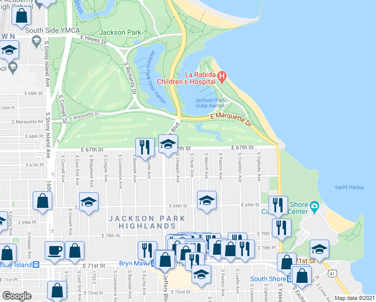 map of restaurants, bars, coffee shops, grocery stores, and more near 2049 East 67th Street in Chicago