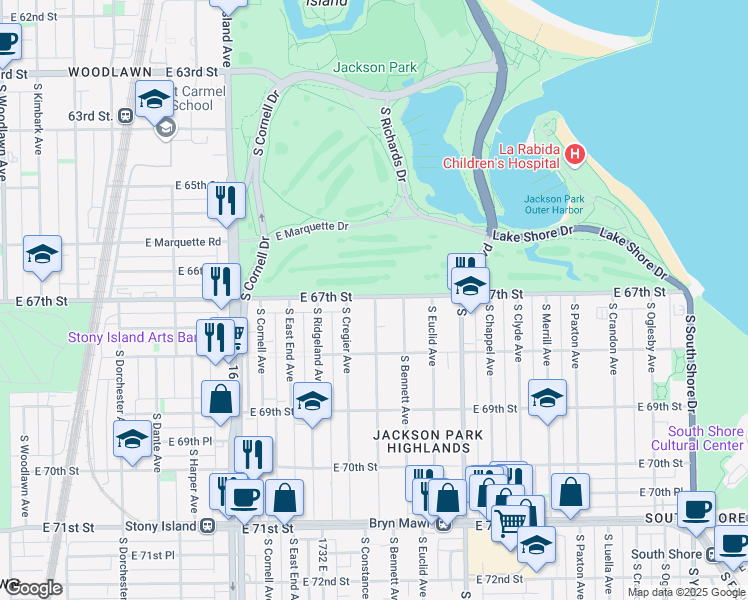 map of restaurants, bars, coffee shops, grocery stores, and more near 1809 East 67th Street in Chicago