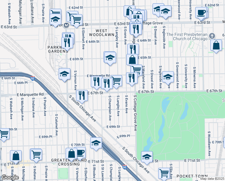 map of restaurants, bars, coffee shops, grocery stores, and more near 6649 South Champlain Avenue in Chicago