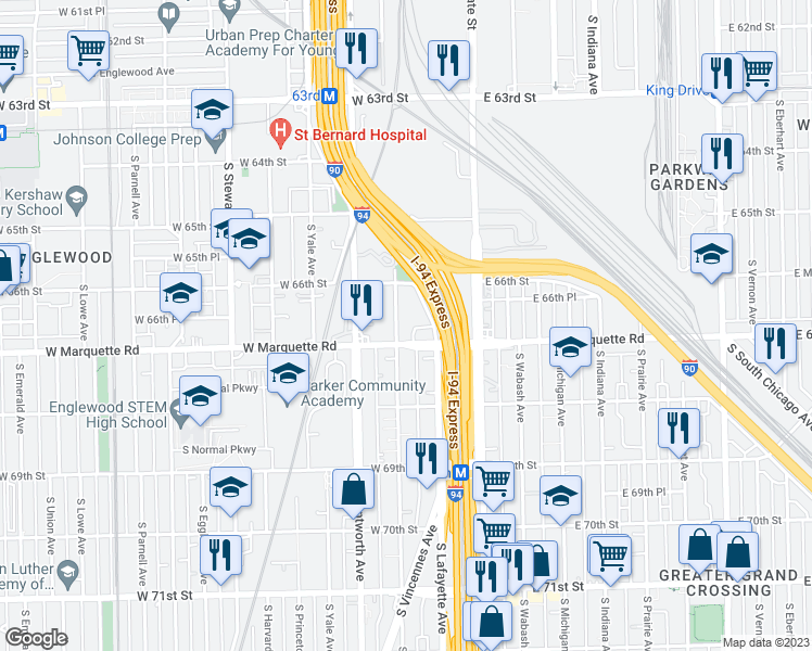 map of restaurants, bars, coffee shops, grocery stores, and more near 6636 South Perry Avenue in Chicago