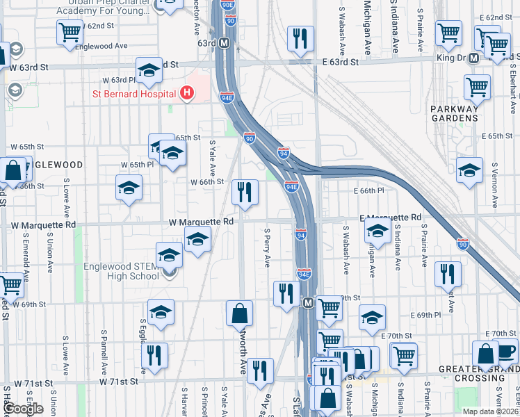 map of restaurants, bars, coffee shops, grocery stores, and more near 6636 South Perry Avenue in Chicago