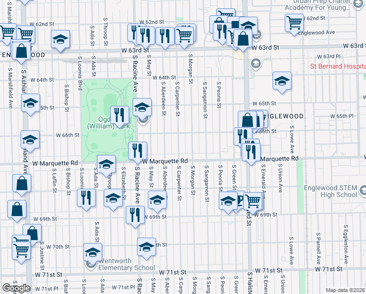 map of restaurants, bars, coffee shops, grocery stores, and more near 6620 South Carpenter Street in Chicago