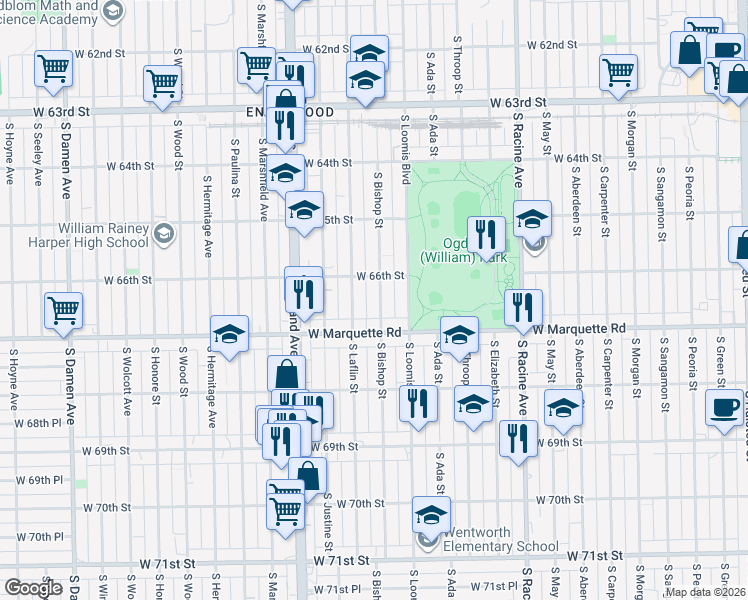 map of restaurants, bars, coffee shops, grocery stores, and more near 6617 South Bishop Street in Chicago