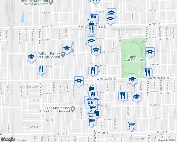 map of restaurants, bars, coffee shops, grocery stores, and more near 6610 South Ashland Avenue in Chicago