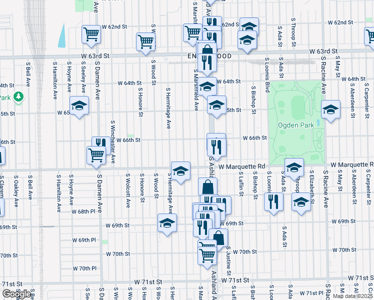 map of restaurants, bars, coffee shops, grocery stores, and more near 6611 South Paulina Street in Chicago