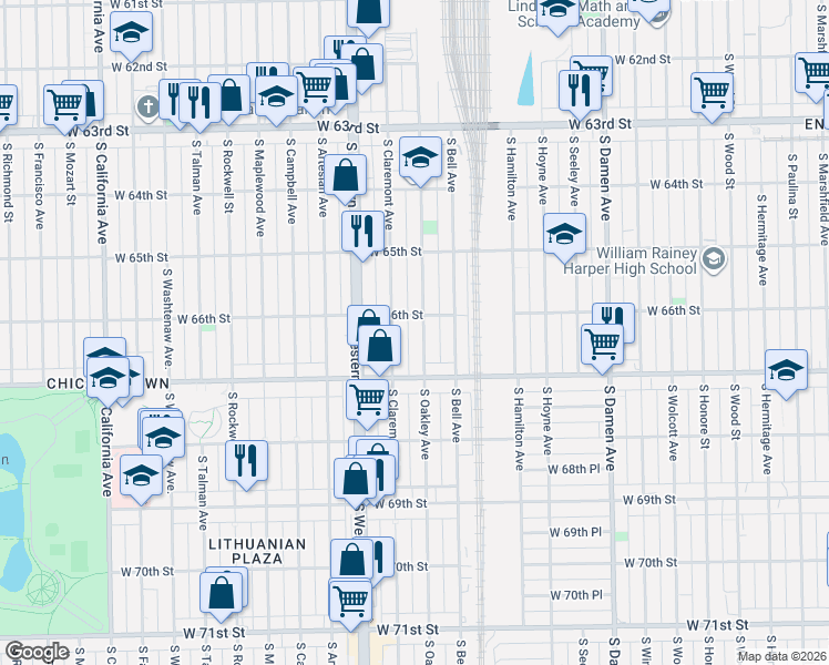 map of restaurants, bars, coffee shops, grocery stores, and more near 6608 South Oakley Avenue in Chicago