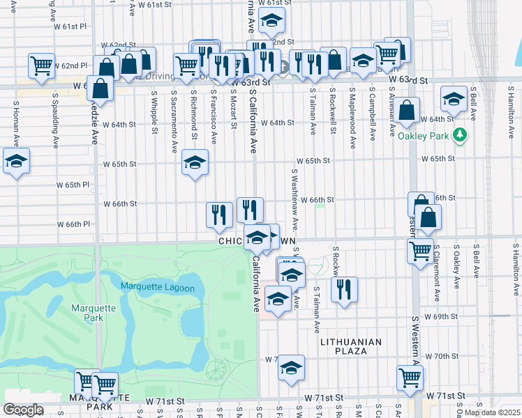 map of restaurants, bars, coffee shops, grocery stores, and more near 6601 South California Avenue in Chicago