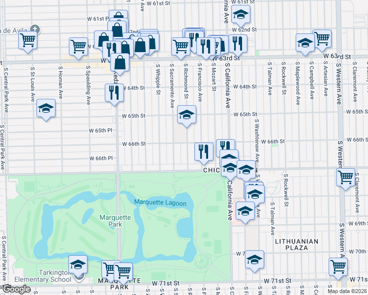 map of restaurants, bars, coffee shops, grocery stores, and more near 6600 South Richmond Street in Chicago