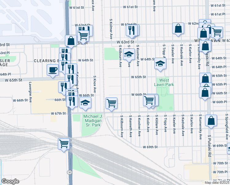 map of restaurants, bars, coffee shops, grocery stores, and more near 4501 West 65th Place in Chicago
