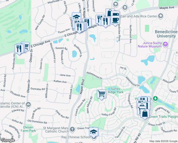 map of restaurants, bars, coffee shops, grocery stores, and more near 2836 Tory Court in Lisle