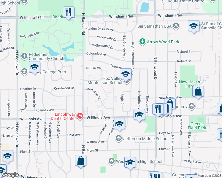 map of restaurants, bars, coffee shops, grocery stores, and more near 833 North Gladstone Avenue in Aurora