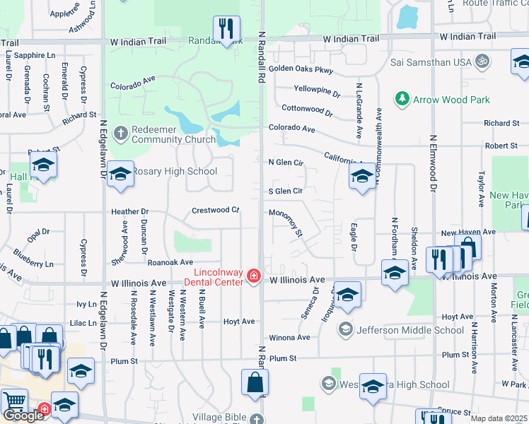 map of restaurants, bars, coffee shops, grocery stores, and more near 830 North Randall Road Frontage in Aurora
