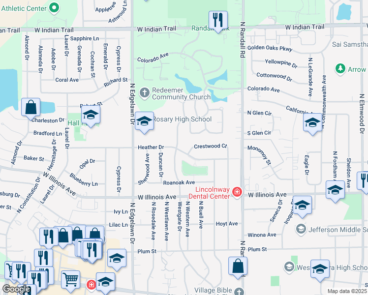 map of restaurants, bars, coffee shops, grocery stores, and more near 1555 Crestwood Court in Aurora