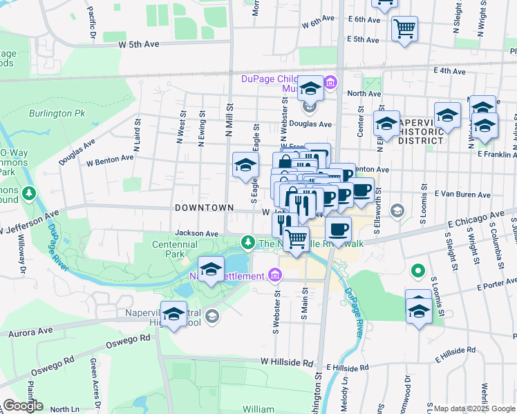 map of restaurants, bars, coffee shops, grocery stores, and more near 221 West Jefferson Avenue in Naperville