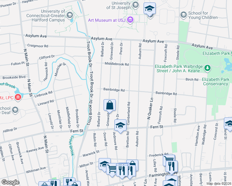 map of restaurants, bars, coffee shops, grocery stores, and more near 114 Griswold Drive in West Hartford