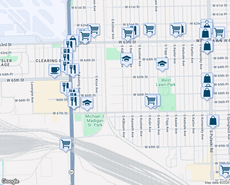 map of restaurants, bars, coffee shops, grocery stores, and more near 4543 West 65th Place in Chicago