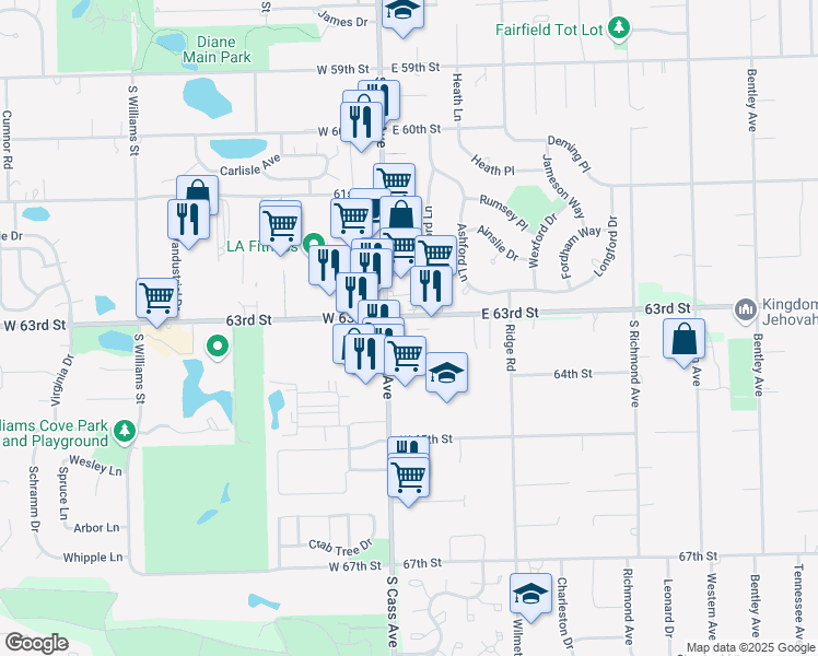 map of restaurants, bars, coffee shops, grocery stores, and more near 19 East 63rd Street in Westmont