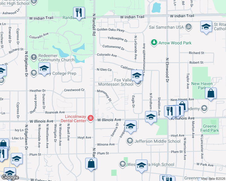 map of restaurants, bars, coffee shops, grocery stores, and more near 1351a Van Buren Court in Aurora