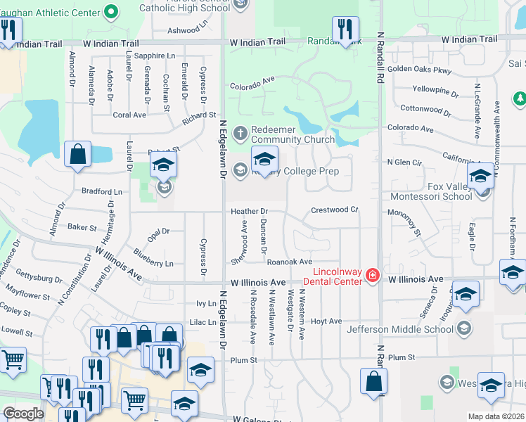 map of restaurants, bars, coffee shops, grocery stores, and more near Heather Drive in Aurora