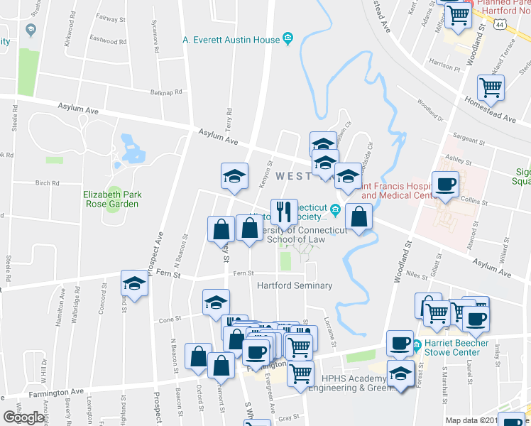 map of restaurants, bars, coffee shops, grocery stores, and more near 105 Elizabeth Street in Hartford