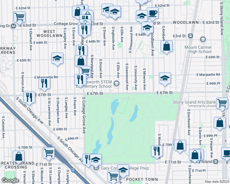 map of restaurants, bars, coffee shops, grocery stores, and more near 6676 South Ellis Avenue in Chicago