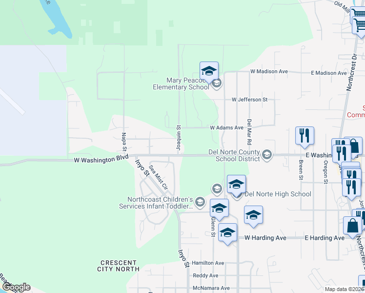 map of restaurants, bars, coffee shops, grocery stores, and more near 1536 Joaquin Street in Crescent City