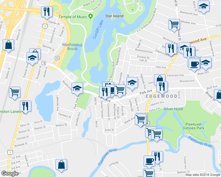 map of restaurants, bars, coffee shops, grocery stores, and more near 40 Haddon Hill Road in Cranston