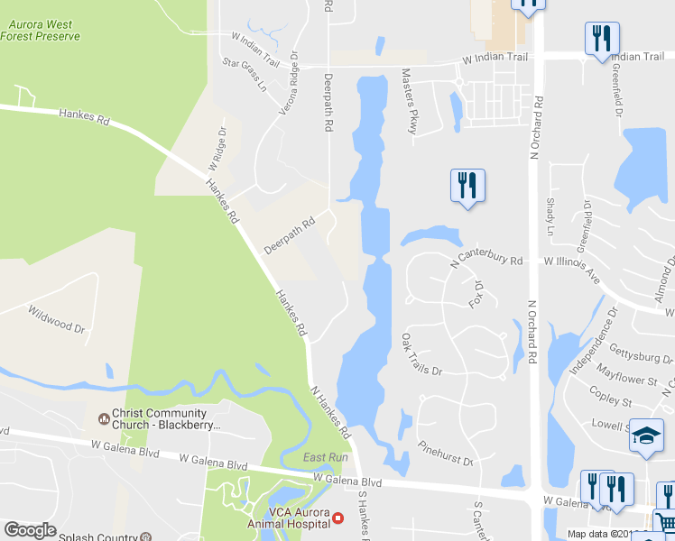 map of restaurants, bars, coffee shops, grocery stores, and more near 665 Blackberry Ridge Drive in Aurora