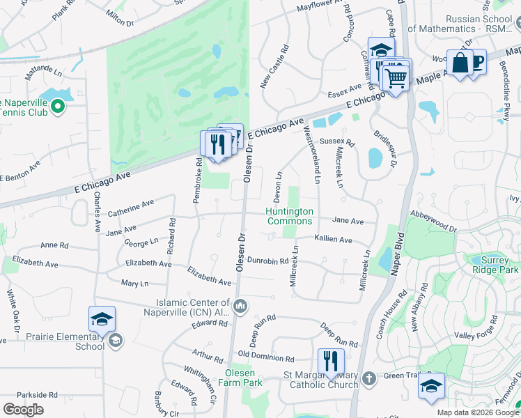 map of restaurants, bars, coffee shops, grocery stores, and more near 1311 Jane Avenue in Naperville