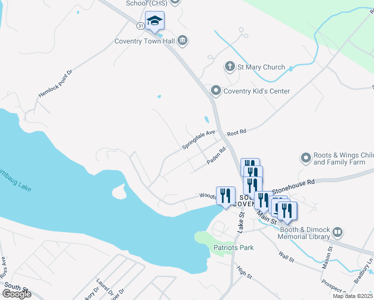 map of restaurants, bars, coffee shops, grocery stores, and more near 87 Springdale Avenue in Coventry