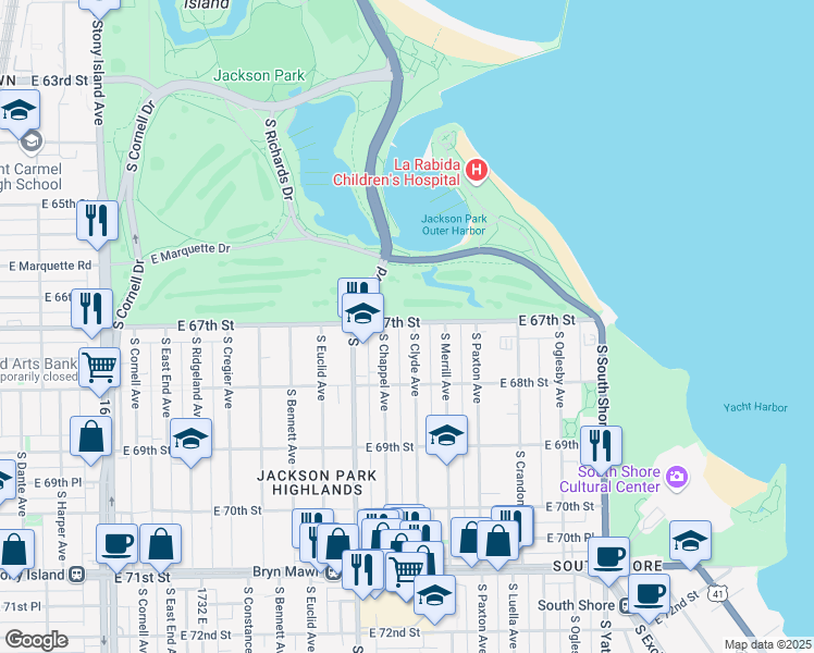 map of restaurants, bars, coffee shops, grocery stores, and more near 2049 East 67th Street in Chicago