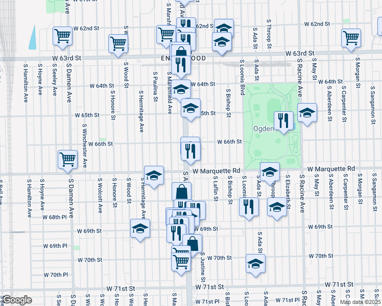 map of restaurants, bars, coffee shops, grocery stores, and more near 6616 South Justine Street in Chicago