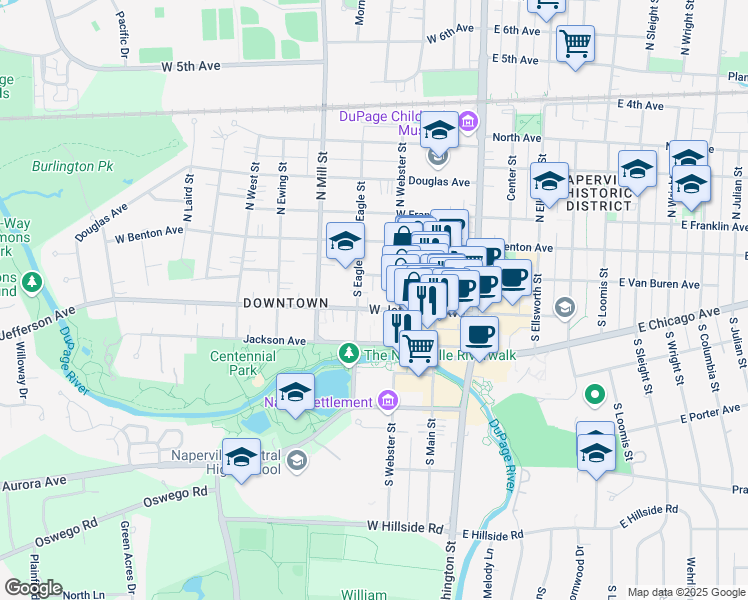map of restaurants, bars, coffee shops, grocery stores, and more near 221 West Jefferson Avenue in Naperville
