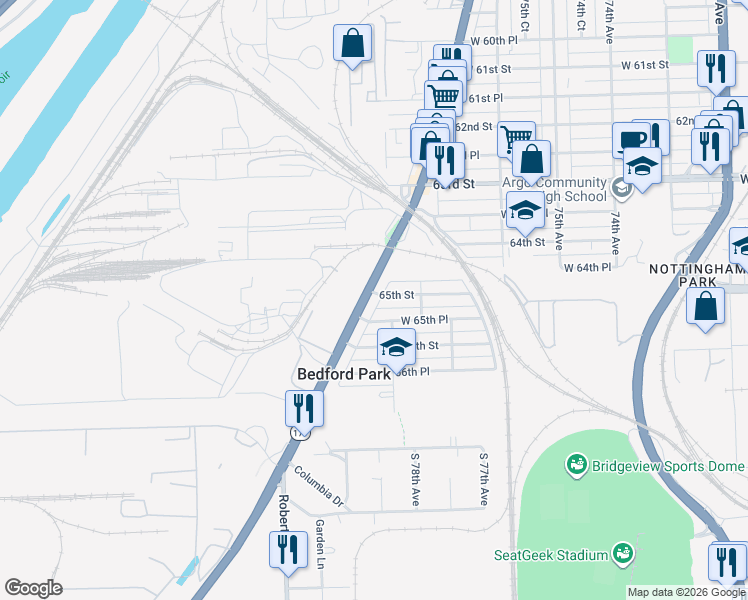 map of restaurants, bars, coffee shops, grocery stores, and more near 6505 South Archer Road in Bedford Park