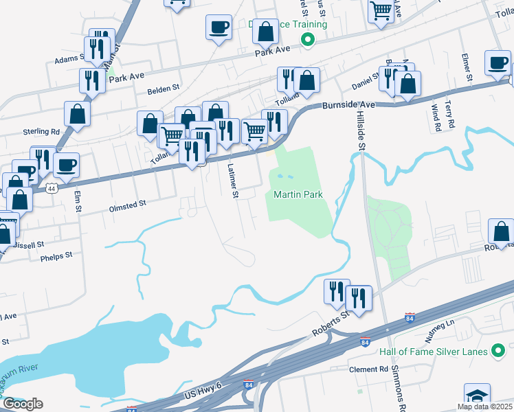 map of restaurants, bars, coffee shops, grocery stores, and more near 8 Turtle Creek Lane in East Hartford
